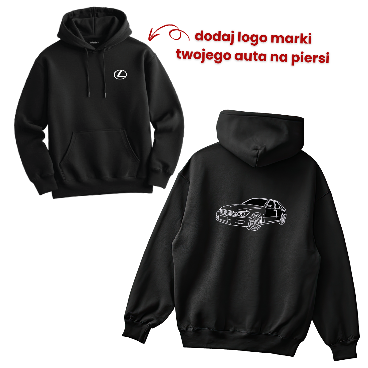 bluza z haftem samochodu na plecach i logo marki auta na piersi