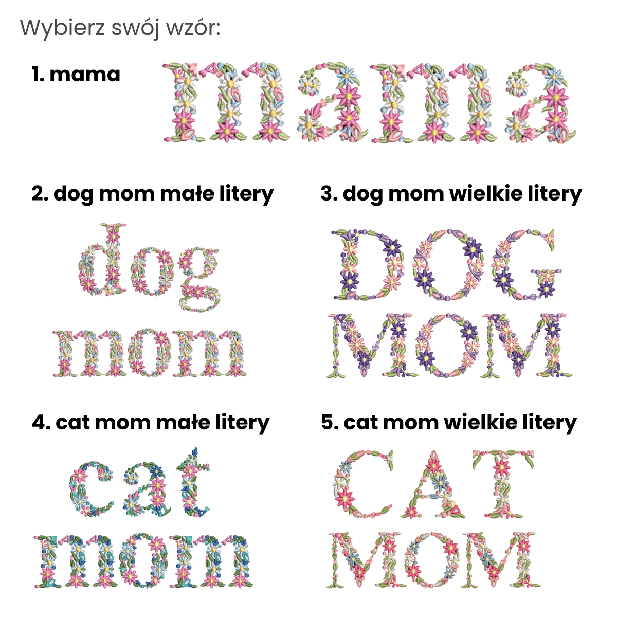 wersje kwiatowego haftu do wyboru
